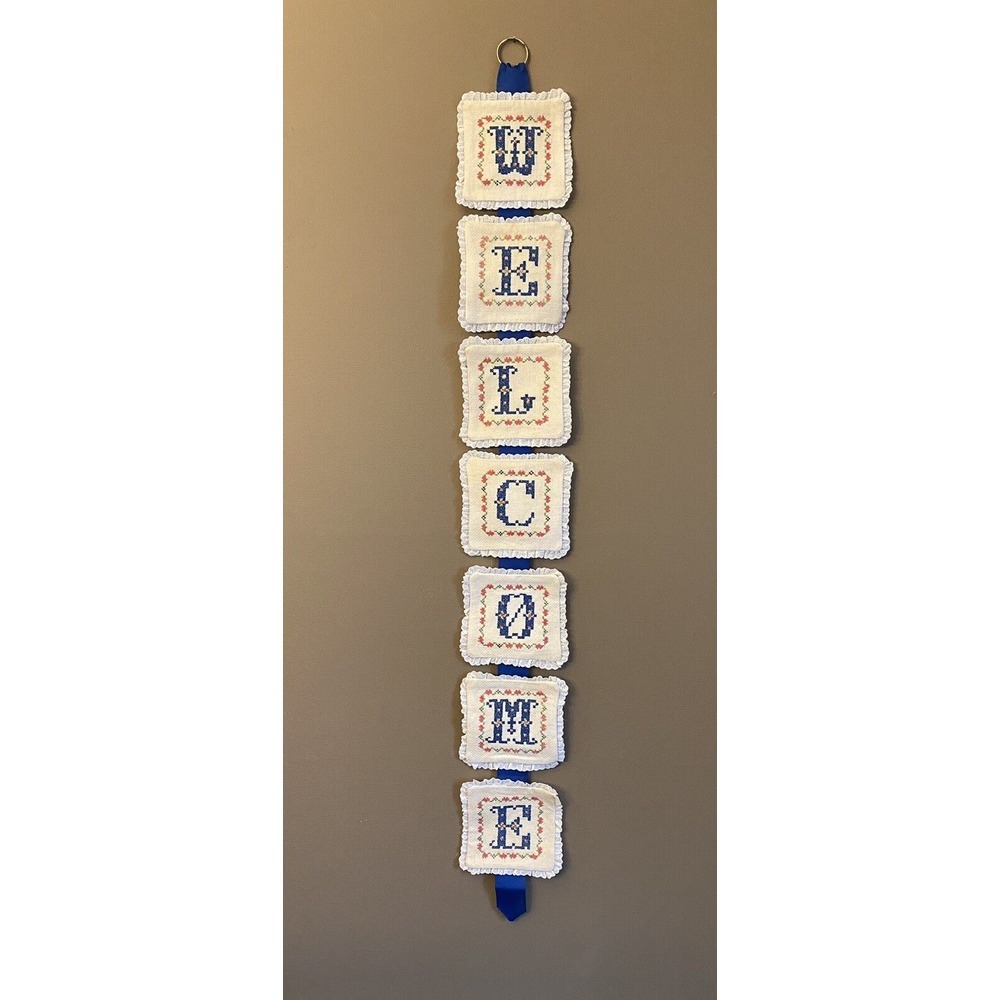 Vintage Cross Stitch "Welcome" Banner Wall Hanging‎ Hand Made 5"x42"